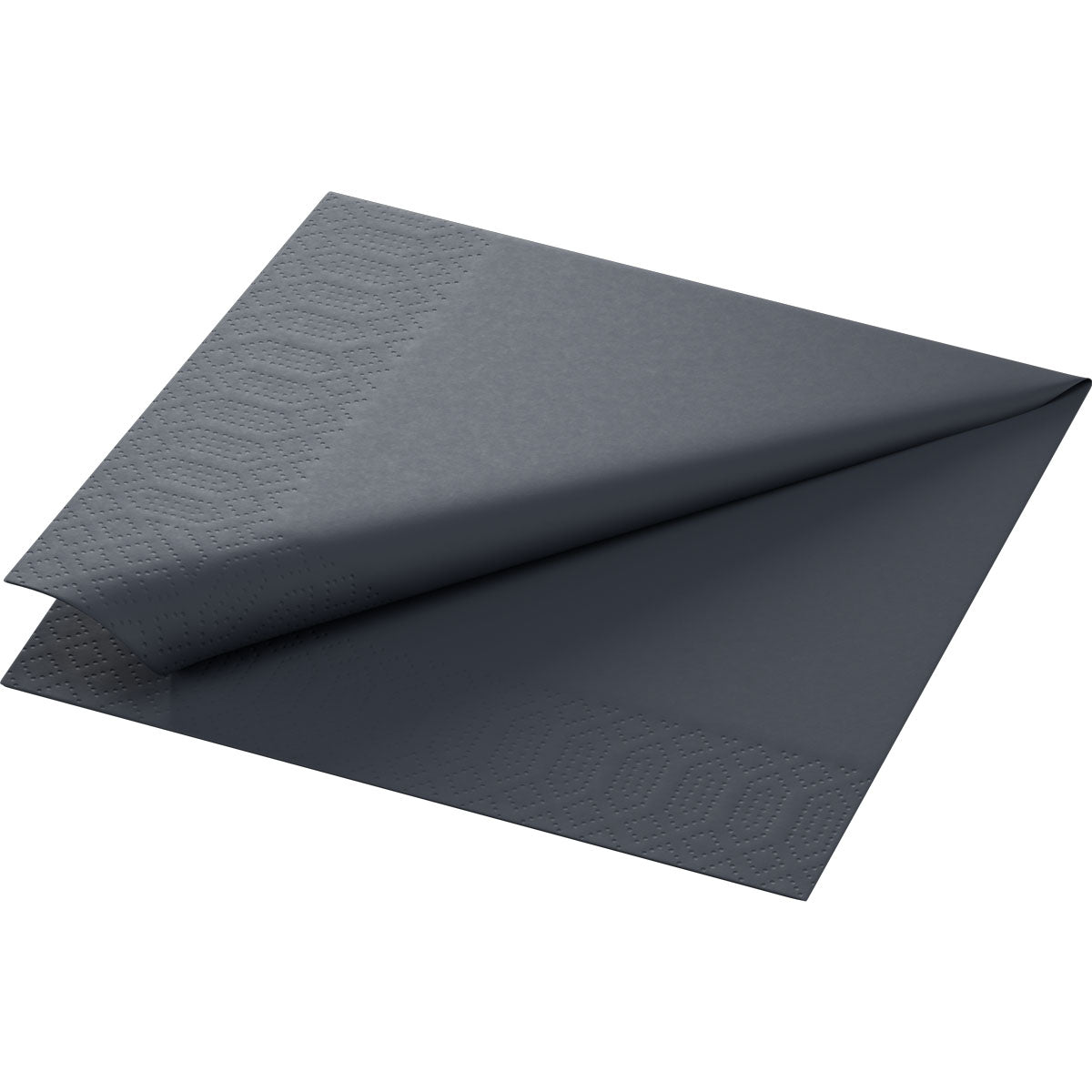 The Zellt.Serv.33x33 3-ply 1/4 black by Duni GmbH is a high-quality, folded dark gray paper napkin (33x33 cm, 3-ply) with a subtly embossed geometric border pattern, available in a pack of 50.