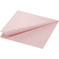 A Zellt.Serv.33x33 3-ply 1/4 soft pink paper napkin from Duni GmbH (pack of 50 pieces) is shown partially folded on a white background, highlighting the light pink color and the subtle embossed pattern on the edge.