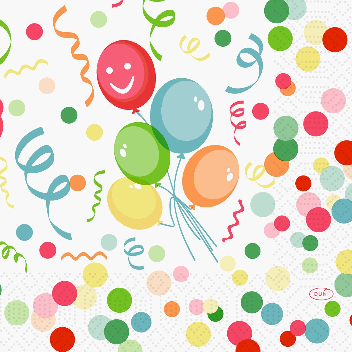A pack of 250 Duni GmbH Zellt.-Serv.33 3lg 1/4 Happy Bubbles Balloon Napkins features five colorful balloons, one with a smiling face, surrounded by festive confetti and streamers on a white background - ideal for celebrations.