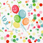 A pack of 250 Duni GmbH Zellt.-Serv.33 3lg 1/4 Happy Bubbles Balloon Napkins features five colorful balloons, one with a smiling face, surrounded by festive confetti and streamers on a white background - ideal for celebrations.