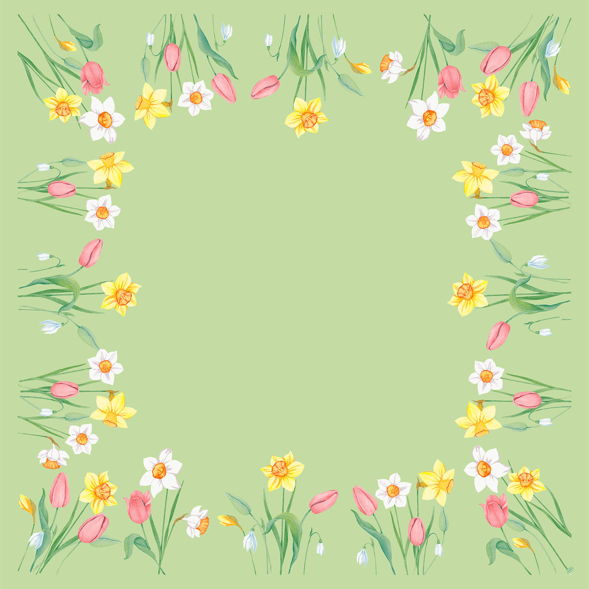 Die Dunisilk MD Spring Melody 84x84 cm Tischdecke von Duni GmbH zeigt einen hellgrünen Hintergrund mit einem Rand aus Aquarellblumen, darunter Tulpen und Narzissen - ideal für elegante Frühlings-Tischdeko. Packung mit 20 Stück.