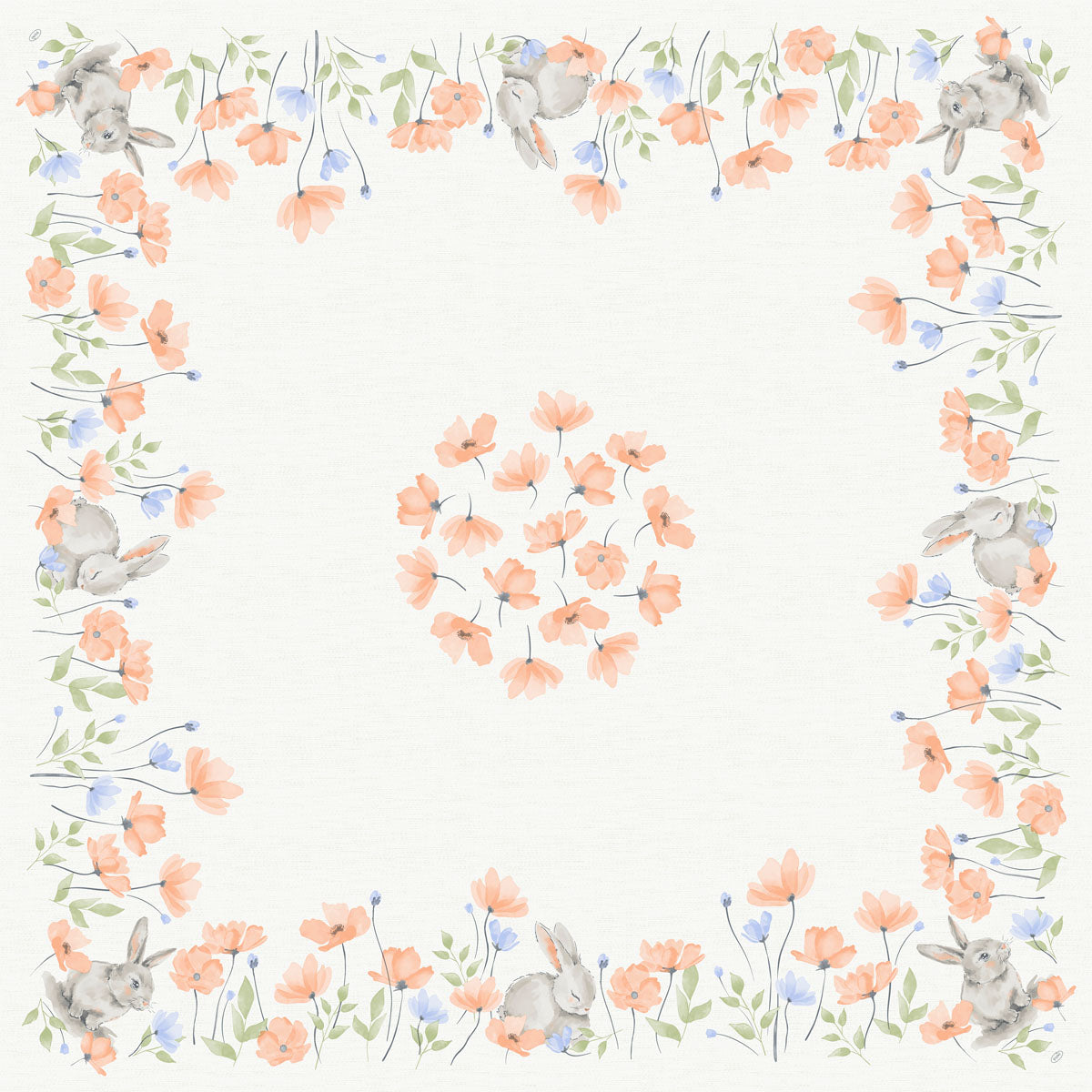 Diese weiße Tischdecke Bio-Dunicel-Mitteld.84x84 Bunny Bloom von Duni GmbH zeigt orangefarbene und blaue Aquarellblumen, grüne Blätter und graue Kaninchen in den Ecken mit einem Blumenkranz in der Mitte. Enthält 20 Servietten pro Packung.