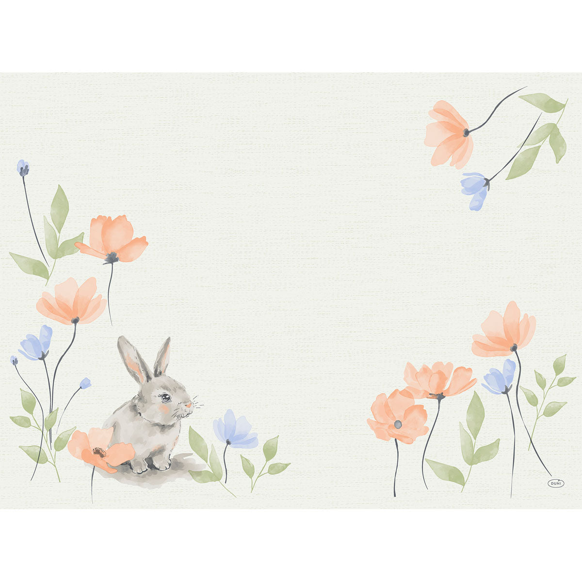 The Bio-Dunicel Sets 30x40 Bunny Bloom by Duni GmbH feature a gray rabbit amidst orange and blue blossoms with green leaves on a light background. These eco-friendly placemats (100 pieces) are perfect for spring, accented by a floral border in two corners.