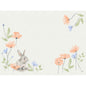 The Bio-Dunicel Sets 30x40 Bunny Bloom by Duni GmbH feature a gray rabbit amidst orange and blue blossoms with green leaves on a light background. These eco-friendly placemats (100 pieces) are perfect for spring, accented by a floral border in two corners.