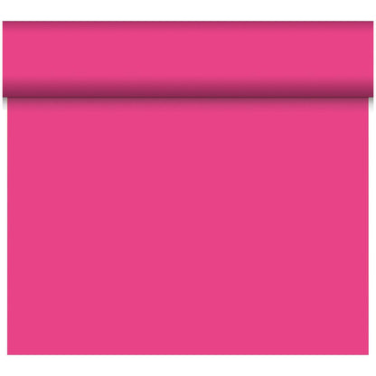 Eine teilweise abgerollte Rolle Bio-DC-Tete a Tete 0,4x24m der Duni GmbH zeigt eine glatte, matte, magentafarbene, biologisch abbaubare Oberfläche, mit einem sichtbaren Schatten unter der Rolle im oberen Teil des Bildes.