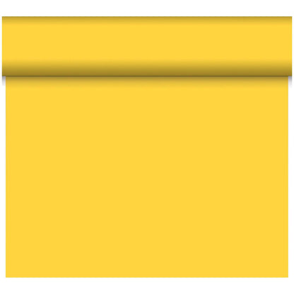 Eine teilweise ausgerollte gelbe Bio-DC-Tete a Tete 0,4x24m von Duni GmbH liegt vor einem unifarbenen Hintergrund, mit einer großen flachen Fläche in passendem Gelb aus biologisch abbaubarem Material.