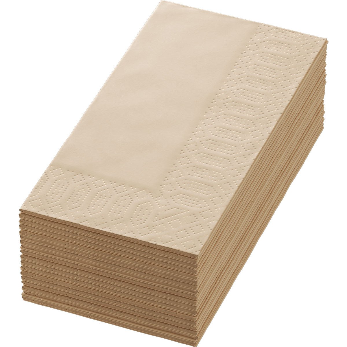 A neatly stacked pile of Duni GmbH Zellt.-Serv.40x40 3-ply 1/8 BF natural brown napkins (pack of 250 pieces) with a textured, patterned edge is arranged on a white background.