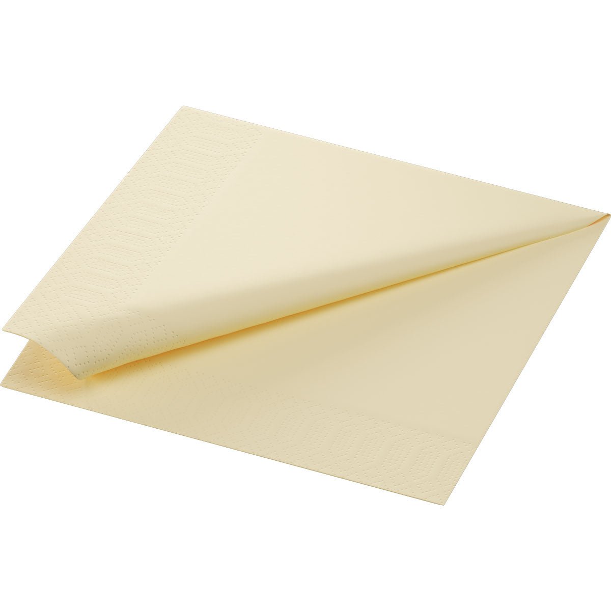 A single cream-colored cell.napkin.40x40 3-ply 1/4 paper napkin from Duni GmbH in the format 40x40 cm with embossed edge is presented folded on a white background. The package contains 50 pieces.