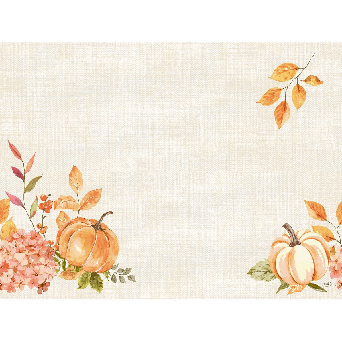 A beige, textured background with two watercolor pumpkins, autumn flowers, and orange leaves - perfect for showcasing your text or design on the biodegradable Bio-Dunicel sets 30x40 Spicy Pumpkin by Duni GmbH (pack of 100 pieces).