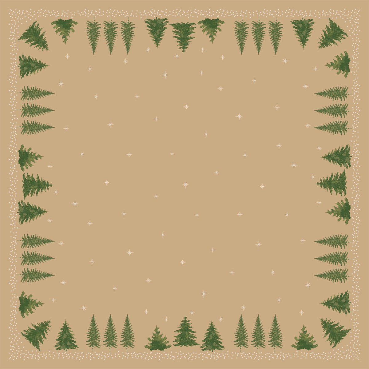 A light brown square with white dots and stars, framed by green fir trees, creates a festive look - ideal for table decoration with the Bio-Dunicel tablecloth 84x84cm "Humble Trees" from Duni GmbH (package: 20 pieces, biodegradable).