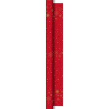 The Duni GmbH Dunicel roll Star Stargazing red (25 m x 1.18 m), ideal for celebrations, features golden snowflake and star patterns - perfect as table decoration for festive occasions.