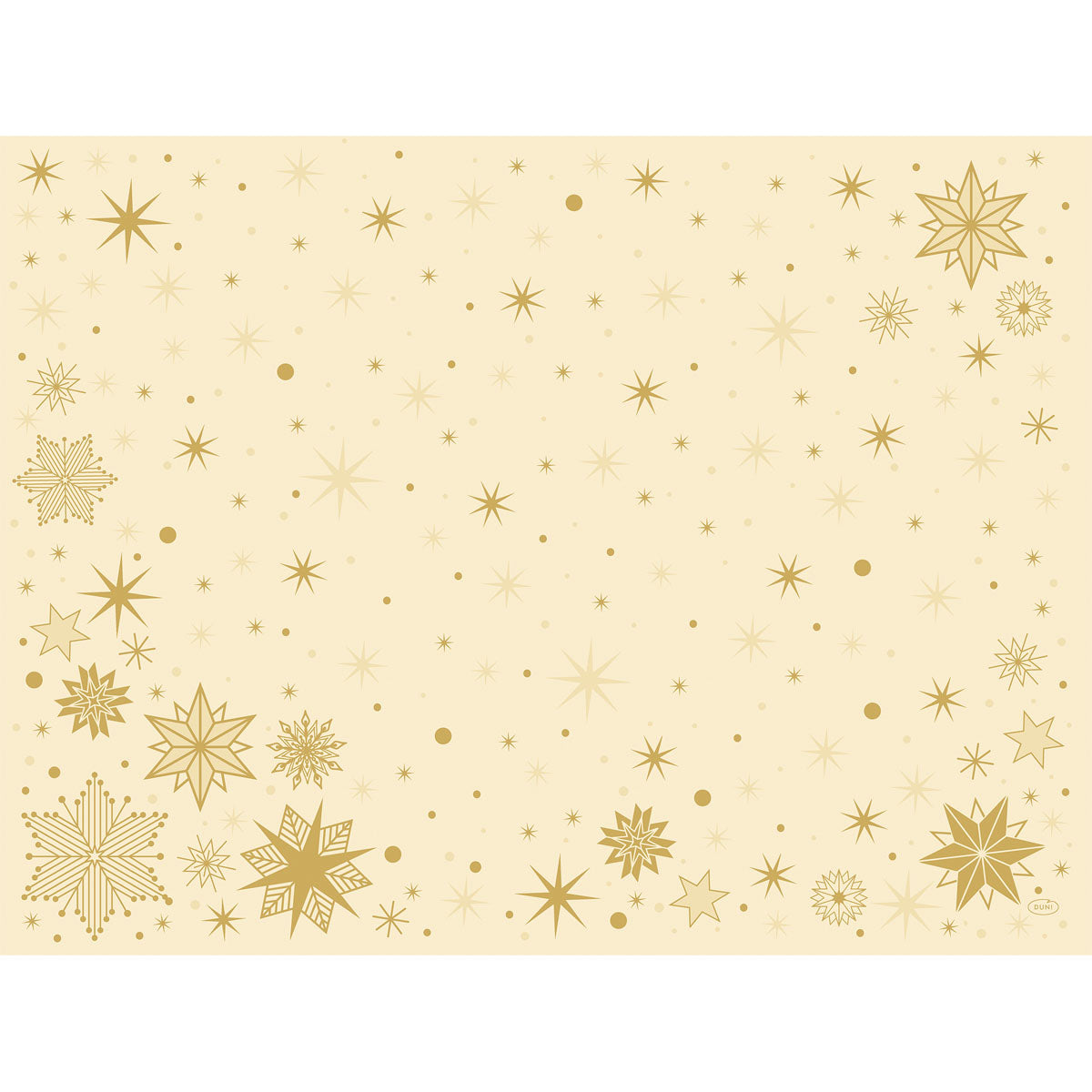 Die Bio-Dunicel-Sets 30x40 Stargazing cream der Duni GmbH haben einen beigen Hintergrund mit goldenen Schneeflocken und Sternen am Rand - ein festlicher, eleganter Look, perfekt für eine nachhaltige Tischdekoration. Packung mit 100 Stück, biologisch abbaubar.