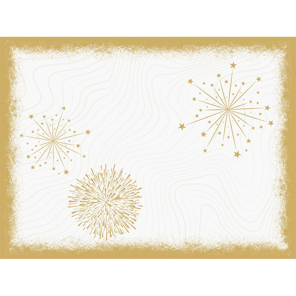 The Bio-Dunicel sets 30x40 Sparkly white by Duni GmbH (pack of 100 pieces) have a white background with a golden, textured border and three golden star patterns, offering eco-friendly elegance with subtle wave lines in the center.