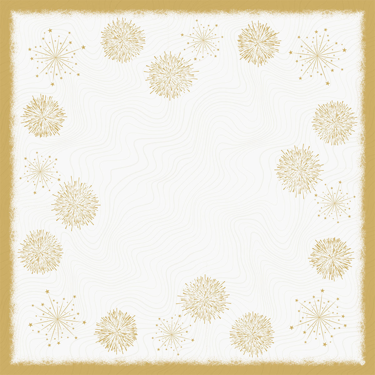 Die Bio-Dunicel-Mitteldecke 84x84cm Sparkly white von Duni GmbH hat einen quadratischen weißen Hintergrund mit einem strukturierten goldenen Rand und Sternenmustern an den Rändern sowie Wellenlinien in der Mitte - perfekt für eine umweltfreundliche Tischgestaltung. Packung (20 Stück).