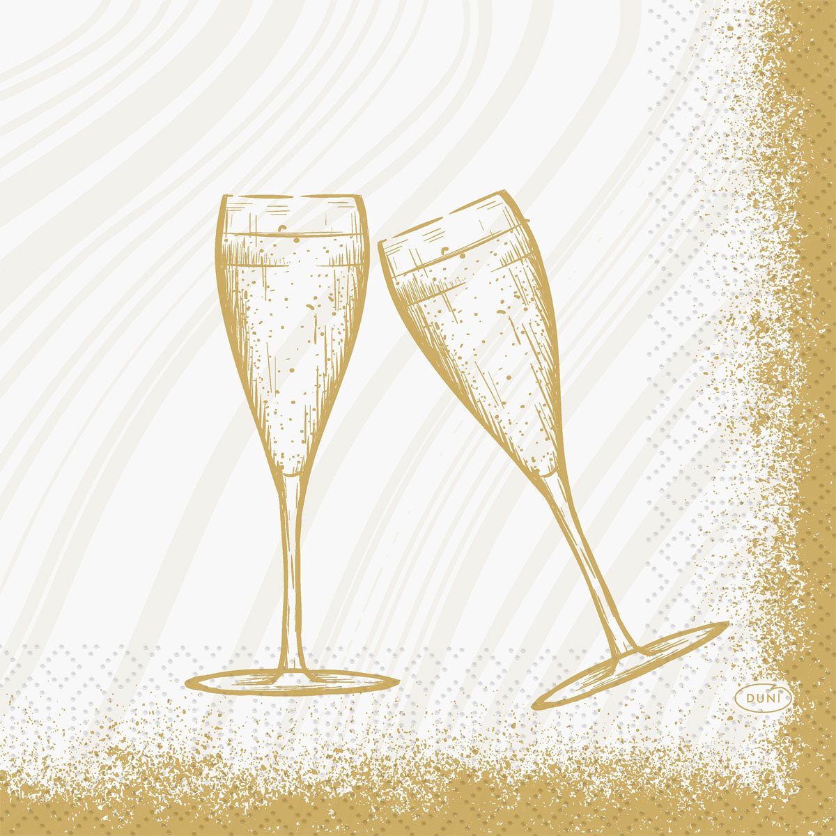 A simple gold line drawing of two champagne glasses on a white background with gold flecks—perfect for Duni GmbH 33 3-ply 1/4 Sparkly Cheers white napkins (50 count) for stylish parties or celebrations.