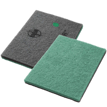 Pictured are two rectangular Twister Pads from Diversey Deutschland GmbH & Co. OHG: a green maintenance cleaning pad for stone floors, both with a rough surface – perfect for daily stone floor cleaning.