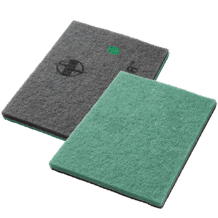 Two rectangular scouring pads from Diversey Deutschland GmbH & Co. OHG, including the green Twister Pad maintenance cleaning pad for stone floors, lie side by side on a white background, one gray with a circular marking, one simply green.