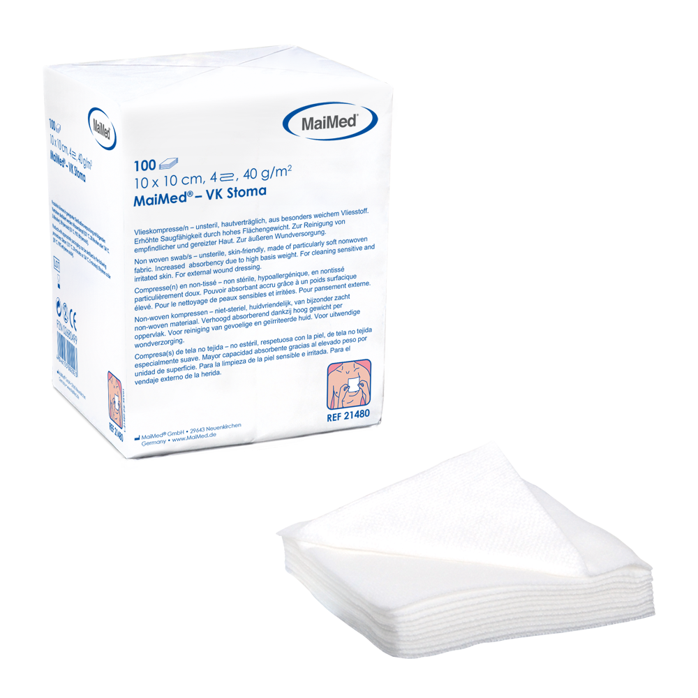 MaiMed-VK-Stoma-non-sterile 10x10cm 4-fold, 40g fleece compresses of 100 pieces/paper bag | Pack (100 pieces)