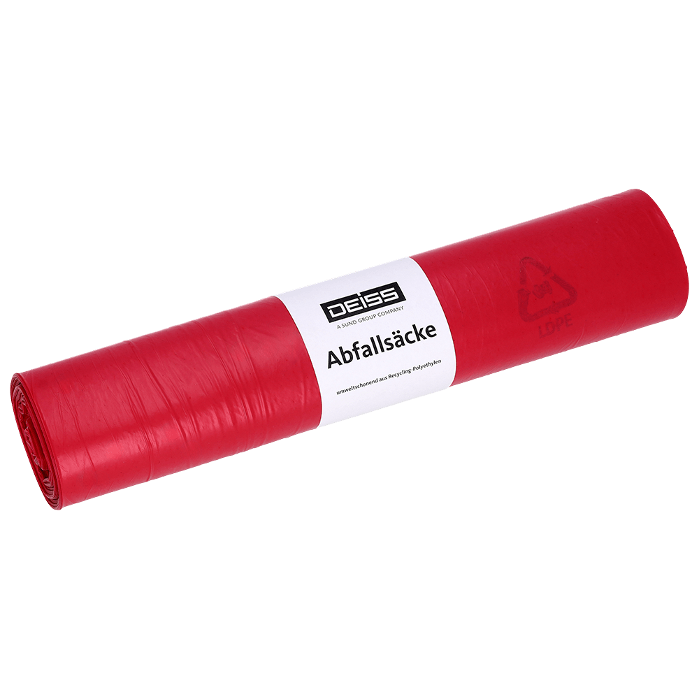 Pictured is a roll of DEISS 21705 Type 100 red garbage bags (25 bags, 575x1000 mm) from EMIL DEISS KG (GmbH + Co.) on a white background - ideal for commercial waste disposal.