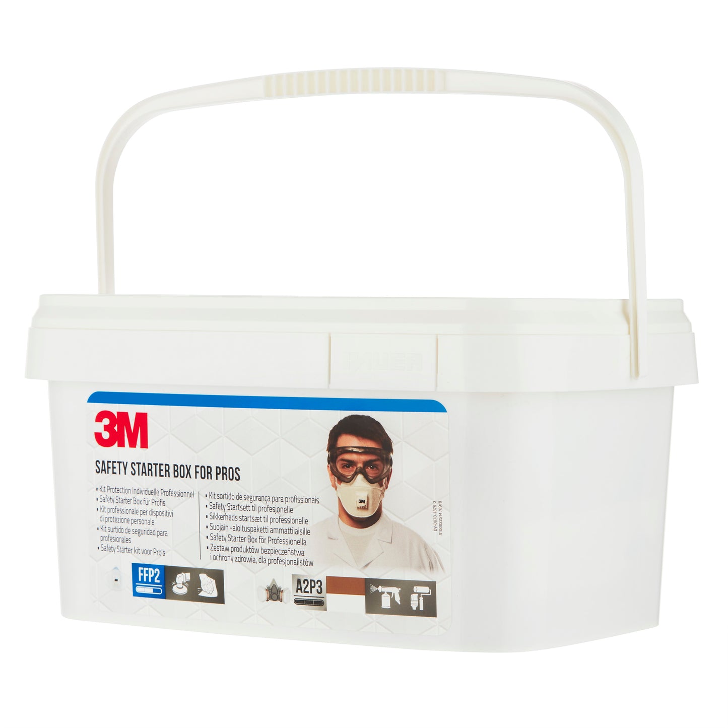 Weiße Kunststoffbox mit Henkel mit der Aufschrift "3M™ Arbeitsschutz-Starter-Box für Profis" der 3M Deutschland GmbH, die eine Person mit Maske und Schutzbrille zeigt und Atem-, Augen-, Gehörschutz plus FFP2/A2P3-Normen aufführt, 1 Set/Packung.