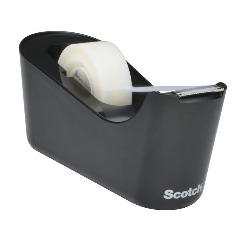 The Scotch™ Desktop Dispenser C18 in Black incl. Scotch® Magic™ Invisible Tape (1 Roll/Pack) from 3M Deutschland GmbH is an ideal office accessory - with a white "Scotch" logo on the front, perfect for any workplace.