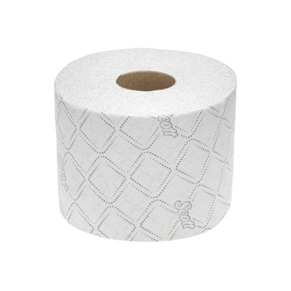Eine einzelne Rolle Scott® Essential™ Toilettenpapier 8517, 2-lagig, von der Kimberly-Clark GmbH, mit Rautenmuster und „Scott“-Branding auf FSC-zertifiziertem Papier, ist vor einem schlichten weißen Hintergrund abgebildet.