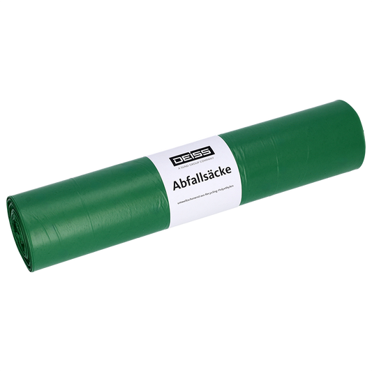 Abgebildet ist eine Rolle EMIL DEISS KG (GmbH + Co.) Abfallsäcke, DEISS 22012 - 700x1100 mm Typ 60 grün (25 Säcke), mit weißem "Abfallsäcke"-Etikett, auf weißem Hintergrund.