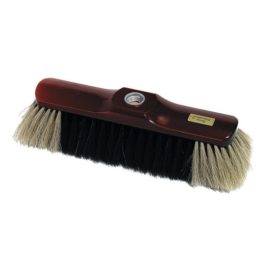 Die Nölle Profi-Bürste Stubenbesen, 28 cm, von Nölle Profi Brush Bürsten- & Pinseltechnik e.K., hat helle und dunkle Naturhaar-Mischung-Borsten, ein Gewindeloch zur Stielbefestigung und ein goldenes Etikett auf dem Holzkopf.
