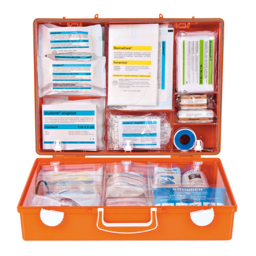 The W. Söhngen GmbH First Aid Senior Home and Care MT-CD orange filled First Aid Box (1 piece) contains neatly arranged medical consumables such as Aluderm® bandages, gauze bandages, strips, tapes, scissors, gloves, and disinfectant wipes.