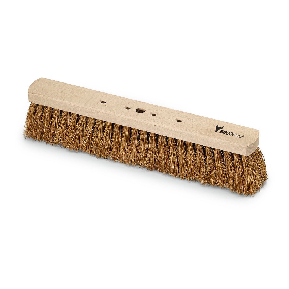 The Nölle Profi-Bürste BECOnnect hall broom natural coconut from Nölle Profi Brush Bürsten- & Pinseltechnik e.K. features a wide, stiff coconut fiber head, multiple handle holes, and a lightweight wooden block - ideal for eco-friendly cleaning.