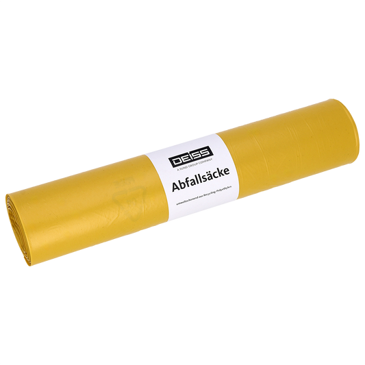 Eine gelbe Rolle DEISS 23010 Müllsäcke, 700x1100 mm (Typ 60), Packung mit 25 Stück von EMIL DEISS KG (GmbH + Co.), mit weißem Etikett auf weißem Hintergrund.