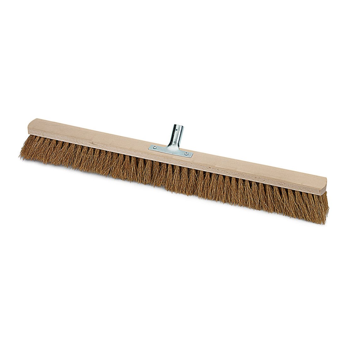 The Nölle Profi Brush hall broom natural coconut with metal handle holder Ø 24 mm from Nölle Profi Brush Bürsten- & Pinseltechnik e.K. is depicted on a white background and features natural coconut bristles and a sturdy metal handle holder.
