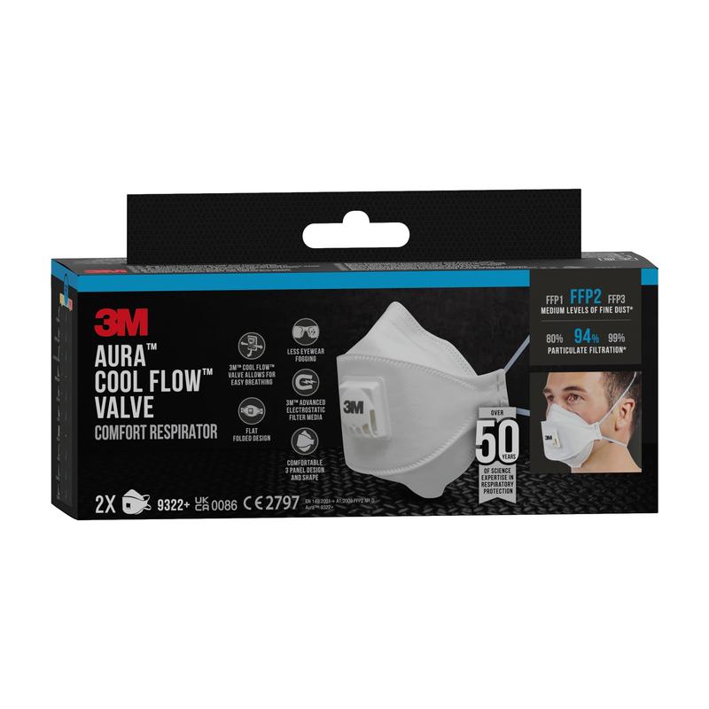 A rectangular black box of the 3M™ Aura™ Comfort Cool Flow™ Particulate Respirator 9322+ from 3M Deutschland GmbH with an image of the white FFP2 mask with valve shows 94% filtration and contains two masks.