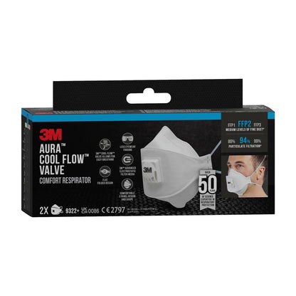 A rectangular black box of the 3M™ Aura™ Comfort Cool Flow™ Particulate Respirator 9322+ from 3M Deutschland GmbH with an image of the white FFP2 mask with valve shows 94% filtration and contains two masks.