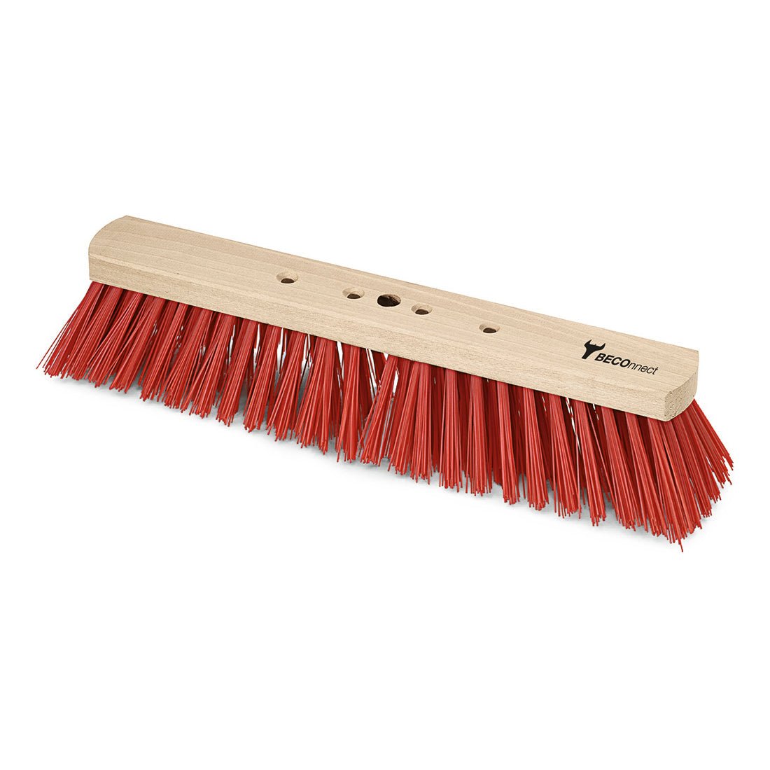 The Nölle Profi Brush BECOnnect hall broom Elaston wooden body features a rectangular wooden head with dense, angled red synthetic bristles and multiple grip holes, branded by Nölle Profi Brush Bürsten- & Pinseltechnik e.K.