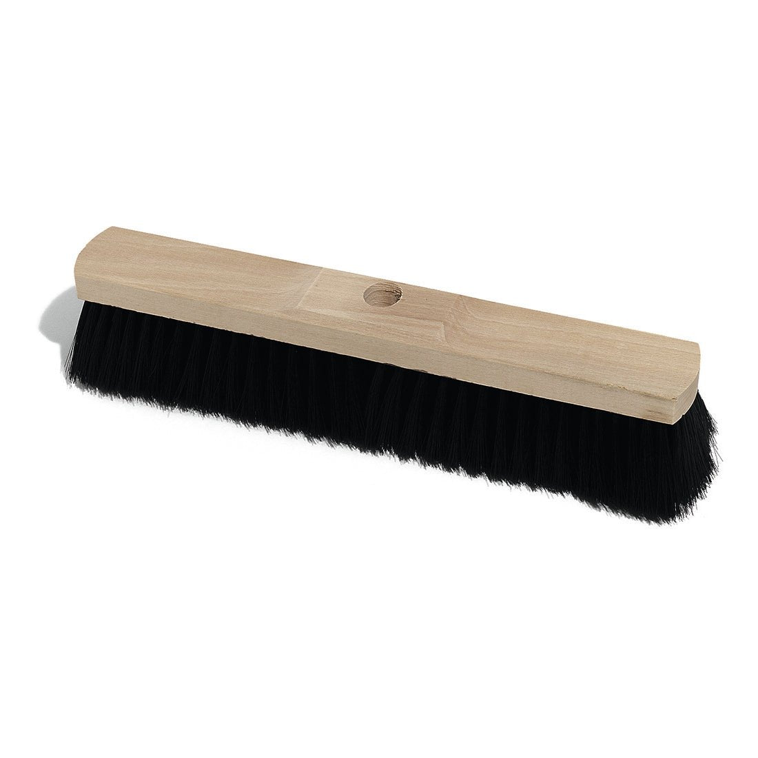 The Nölle Profi Brush hall broom quality mix saddle wood with handle hole from Nölle Profi Brush brush & paintbrush technology e.K. has black bristles and a handle hole, depicted on a white background.
