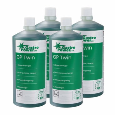 Four bottles of Abena Re-Seller GmbH GastroPower GP Twin All-Purpose Cleaner (325 ml, 4-pack, 1999915025) with green liquid and white caps are neatly arranged - ideal as a professional gastronomy cleaner.