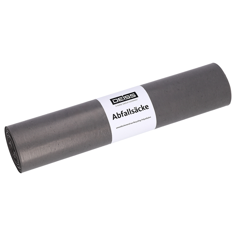 A rolled-up package of EMIL DEISS KG (GmbH + Co.) DEISS garbage bags Type 60, 70L, 575x1000 mm, made from recycled LDPE with a white label.