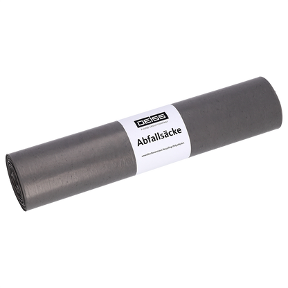 A rolled-up package of EMIL DEISS KG (GmbH + Co.) DEISS garbage bags Type 60, 70L, 575x1000 mm, made from recycled LDPE with a white label.