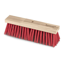 The Nölle Profi-Besen street broom Elaston Bauernlob is a rectangular wooden broom with dense red Elaston bristles, a central handle hole, and "Made in Germany" on wood. Brand: Nölle Profi Pinsel Bürsten- & Pinseltechnik e.K.