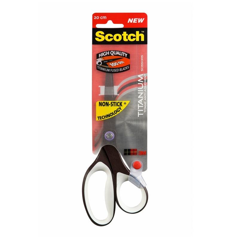 A pair of 20 cm long Scotch™ titanium scissors from 3M Deutschland GmbH, with titanium-coated, non-stick blades and black and white handles. Comes in gray original packaging with red, black, and yellow accents.
