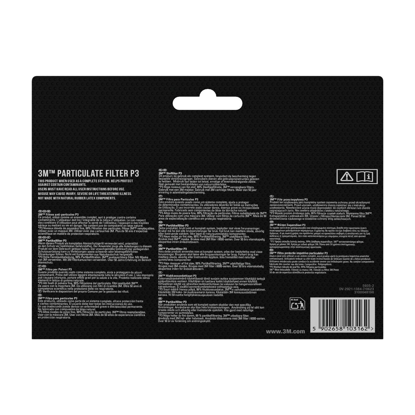 Rückseite einer Verpackung des 3M™ Partikelfilters 5925, P2, 10 Paar/Packung (3M Deutschland GmbH) mit Produktinformationen, Anweisungen und Sicherheitshinweisen - wie Schutz vor Staub - in mehreren Sprachen auf Schwarz. Barcode und Recycling-Symbole unten rechts.