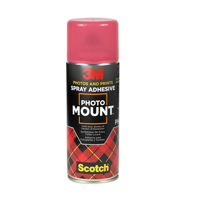 A 400 ml can of 3M™ Scotch® PhotoMount™ adhesive spray from 3M Deutschland GmbH, ideal for the permanent mounting of photos and prints. With a red cap, checkered design, and the inscription "Spray adhesive for photos and prints".