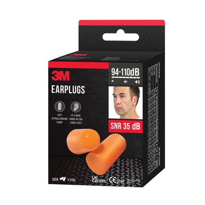 Pictured is a box of 3M™ Earplugs 1100 from 3M Deutschland GmbH. The soft foam earplugs are orange, hypoallergenic, fit various ear sizes, and provide SNR 35 dB protection for noise levels from 94-110 dB.