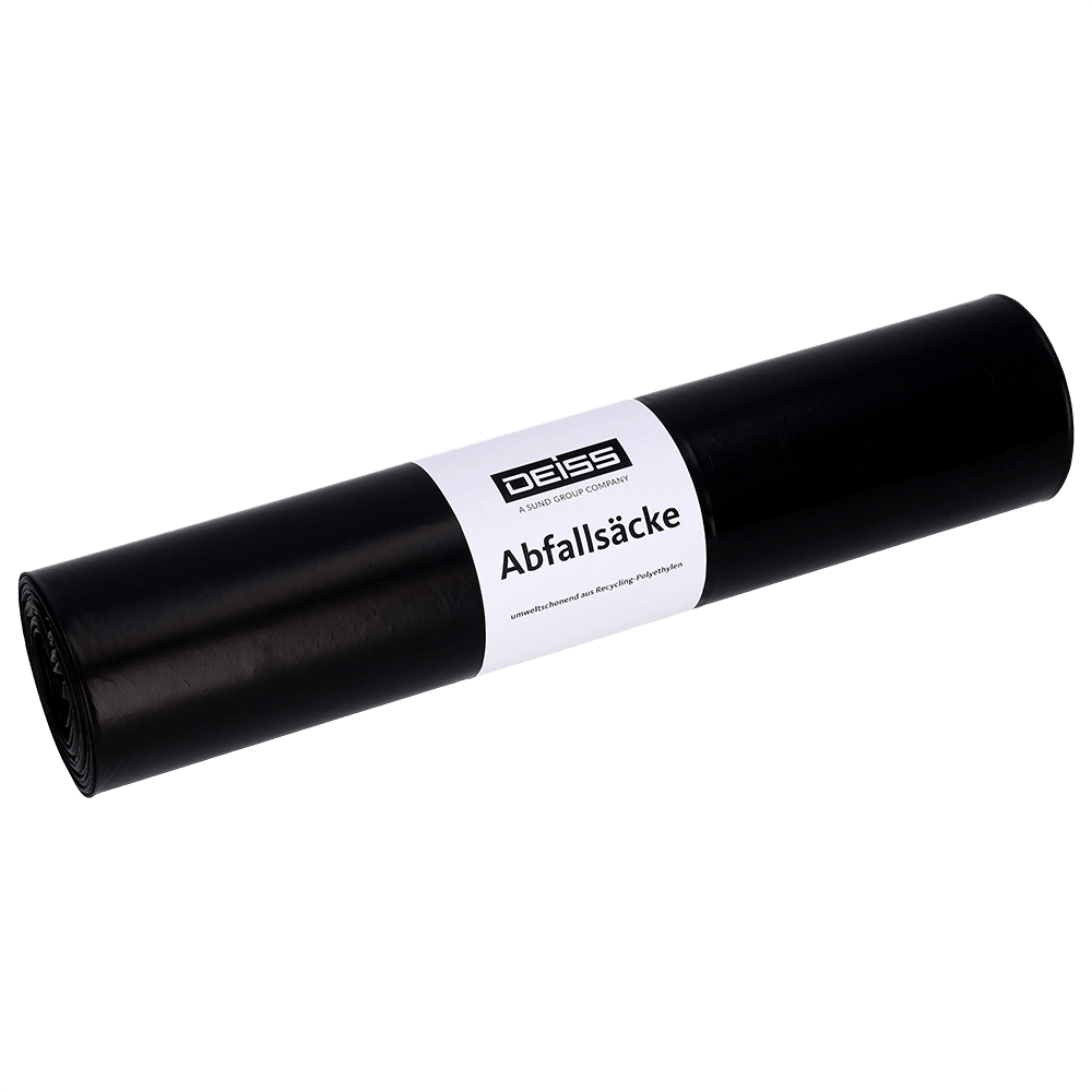 A black roll of DEISS 25702 trash bags (575x1000x0.05 mm) from EMIL DEISS KG (GmbH + Co.), pack of 25 pieces, with a white label reading "Trash bags". Solid light background.