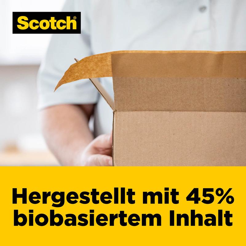A person holds an open box. The 3M logo is visible in the top left. A yellow banner at the bottom shows: "Made with 45% bio-based content." Perfect for Scotch® Box Lock™ Paper Packaging Tape, 48 mm x 22.8 m.
