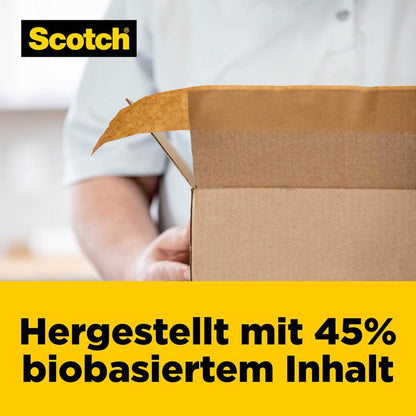 A person holds an open box. The 3M logo is visible in the top left. A yellow banner at the bottom shows: "Made with 45% bio-based content." Perfect for Scotch® Box Lock™ Paper Packaging Tape, 48 mm x 22.8 m.