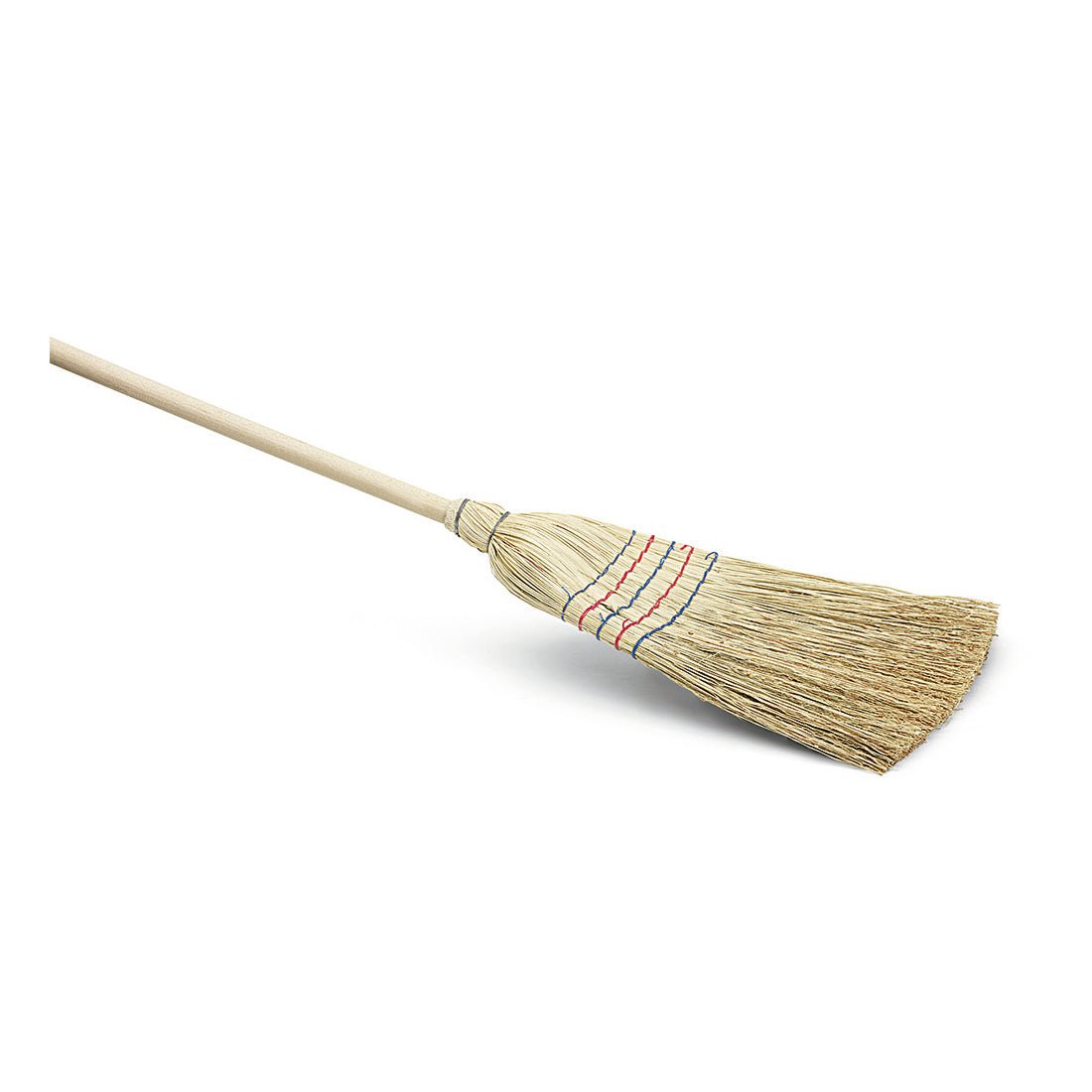 The Nölle Profi Brush Rice Straw Broom 130 cm, 5-stitch for efficient sweeping (1 piece) from Nölle Profi Brush Brush & Paintbrush Technology e.K. is characterized by a long wooden handle and tightly bound bristles that stand diagonally on a white base.