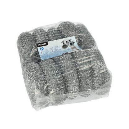 A clear plastic package with ten Starpak 10 pot cleaners, round silver wire, scratchy scouring sponges with a blue/white label - ideal for cleaning pots and stubborn kitchen dirt.