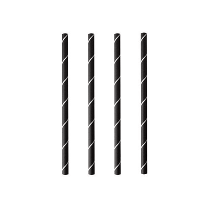 Four PAPSTAR cocktail straws 7 mm, black/white "Stripes", 15 cm (250 pieces) from PAPSTAR GmbH are arranged vertically on a white background, highlighting these stylish and eco-friendly paper straws.